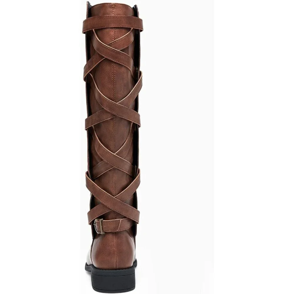 🆕Women Faux Leather Deep Brown Strappy Motorcycle Knee High Riding Lace Up Boot